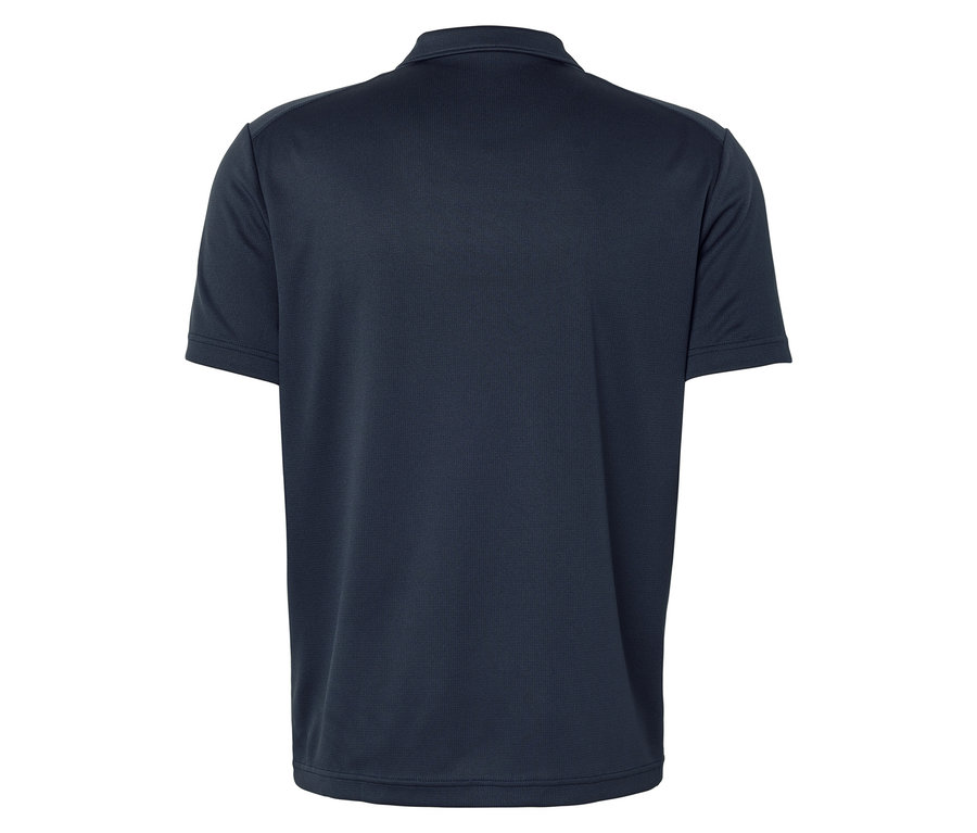 Rückansicht eines marineblauen Poloshirts.
