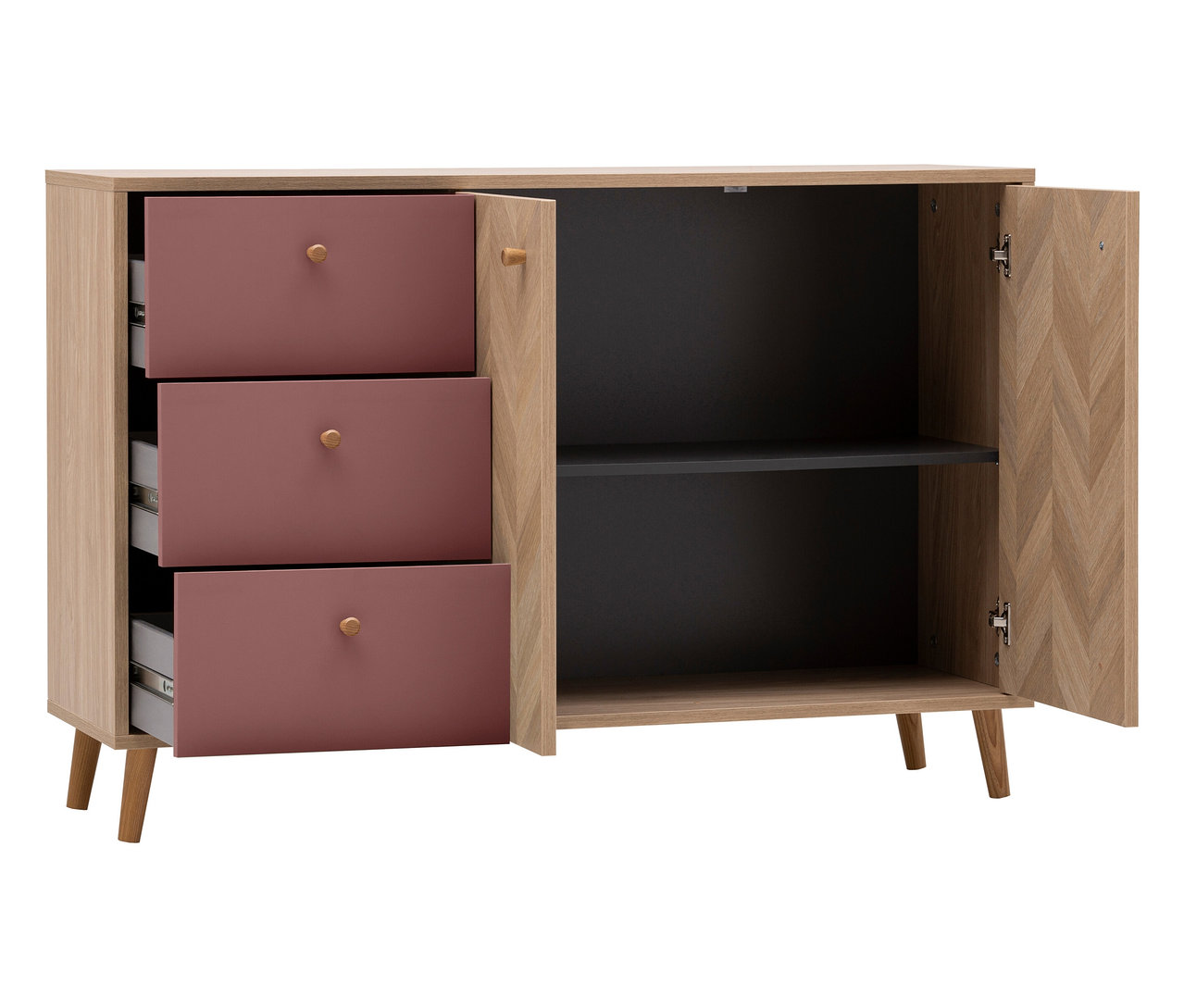 Ein Sideboard aus hellem Holz mit drei offenen, rosafarbenen Schubladen und einer offenen Schranktür, die zwei Regalböden freigibt.