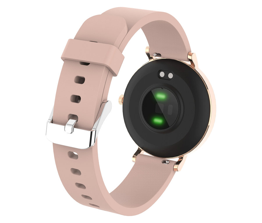 Nahaufnahme der roségoldfarbenen Kienzle »Active Smart Slim« Uhr mit rosafarbenem Armband, die Rückseite mit Sensoren ist sichtbar.