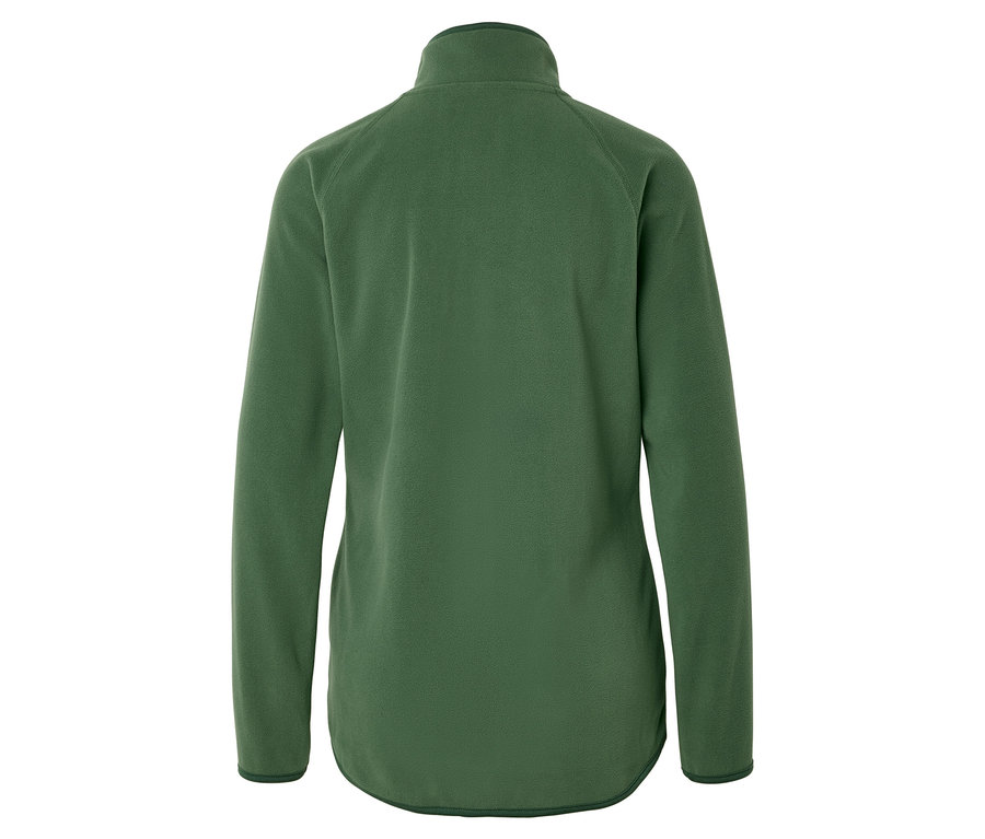 Rückansicht einer olivgrünen Fleecejacke mit durchgehendem Reißverschluss und Kragen.