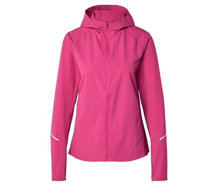 Pinke, gefütterte Jacke mit Kapuze und Reißverschluss vorne, Ärmel mit reflektierenden Details.