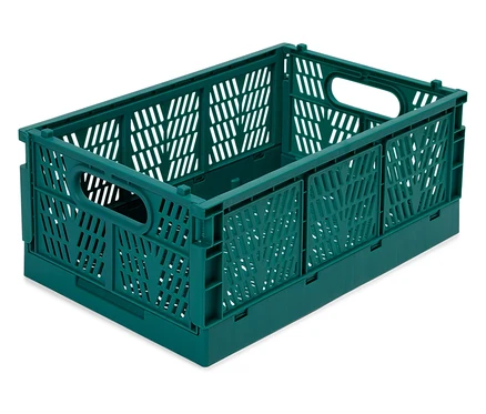 Eine grüne, zusammenklappbare Plastikbox steht auf einem weißen Hintergrund.