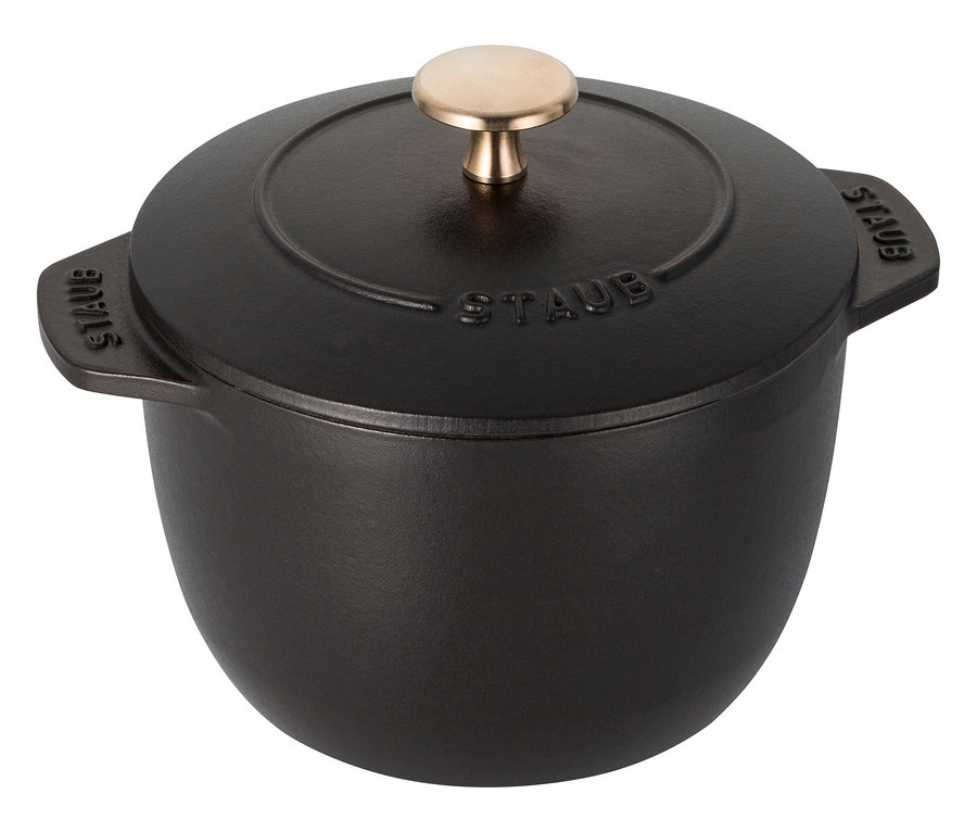 Schwarze, runde STAUB Reis-Cocotte, 16 cm, mit Deckel und goldenem Knauf.