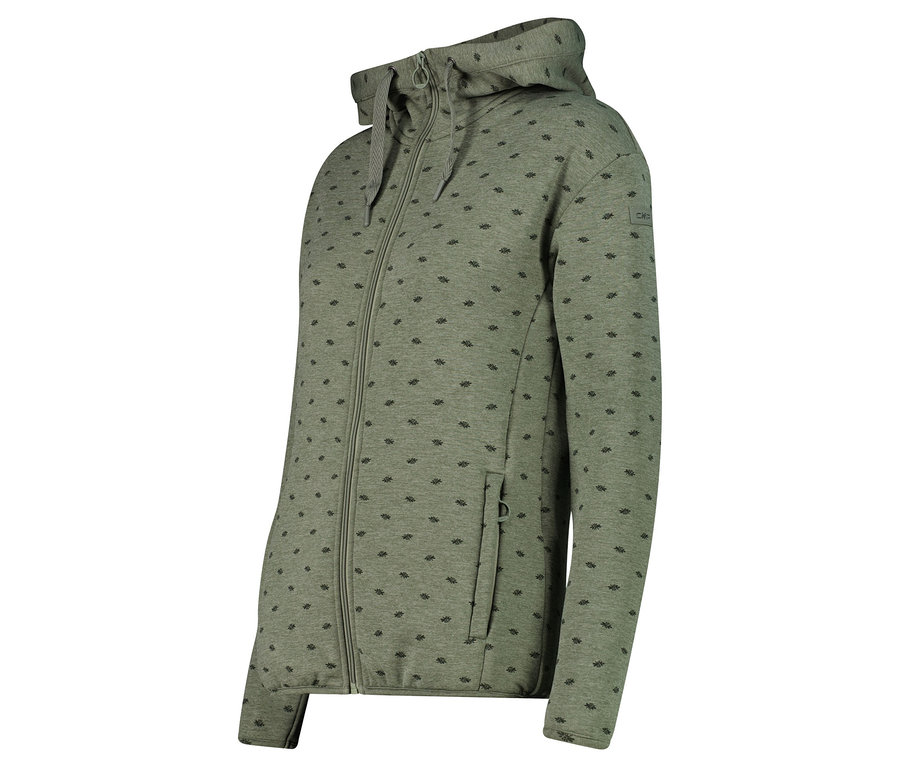 Eine hellgrüne Kapuzenjacke mit Reißverschluss und dunklen geometrischen Mustern ist von der Seite zu sehen.