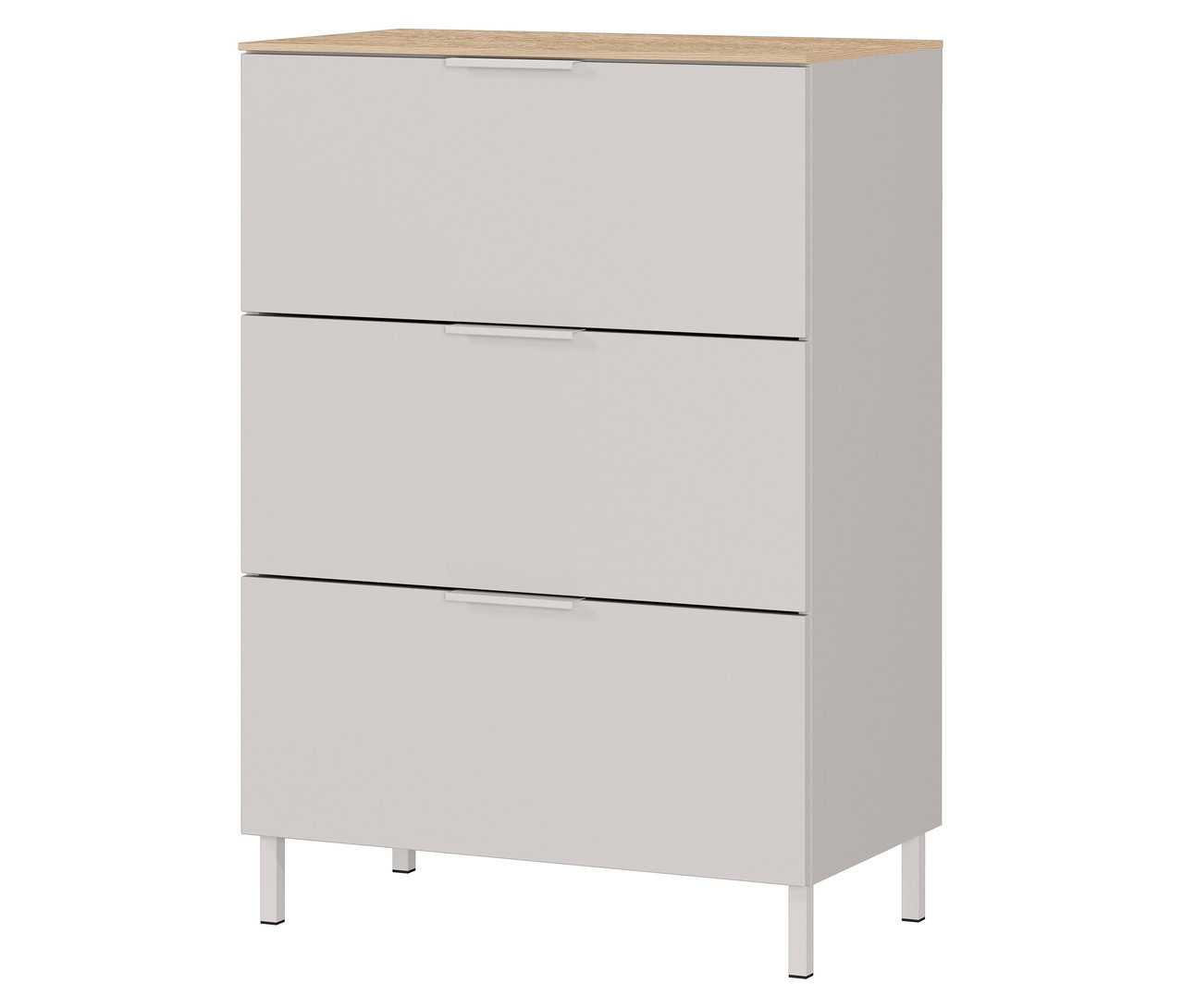 Kleine, kaschmirfarbene Kommode »Savoca« mit Eichenplatte und drei Schubladen.