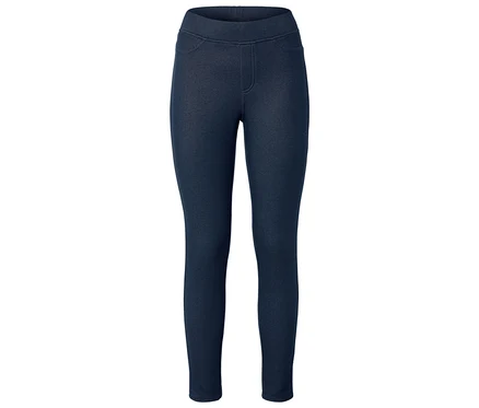Dunkelblaue Leggings mit angedeuteten Taschen und angedeutetem Reißverschluss.