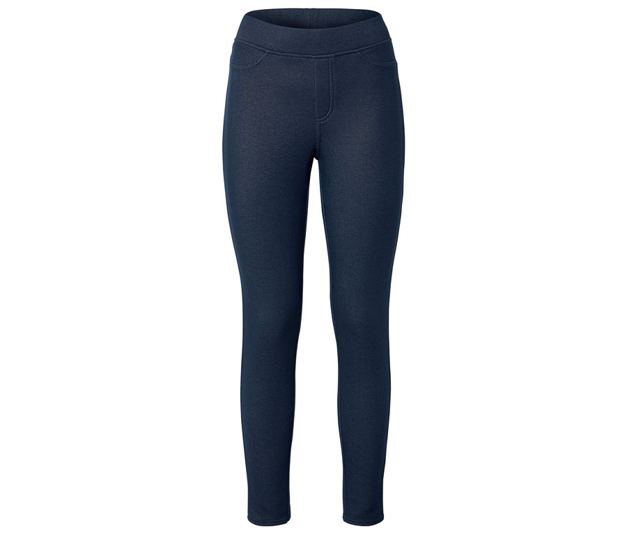 Dunkelblaue Leggings mit angedeuteten Taschen und angedeutetem Reißverschluss.