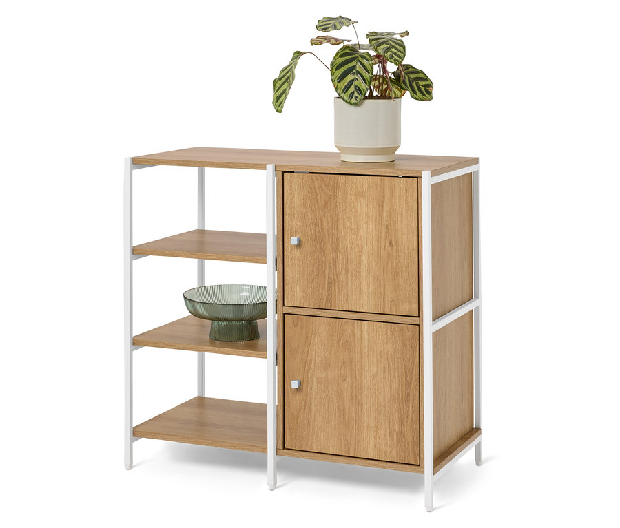 Ein Sideboard mit zwei Türen und drei offenen Regalen steht vor einem weißen Hintergrund. Auf dem Sideboard steht eine Topfpflanze und in einem der offenen Regale steht eine grüne Schale.