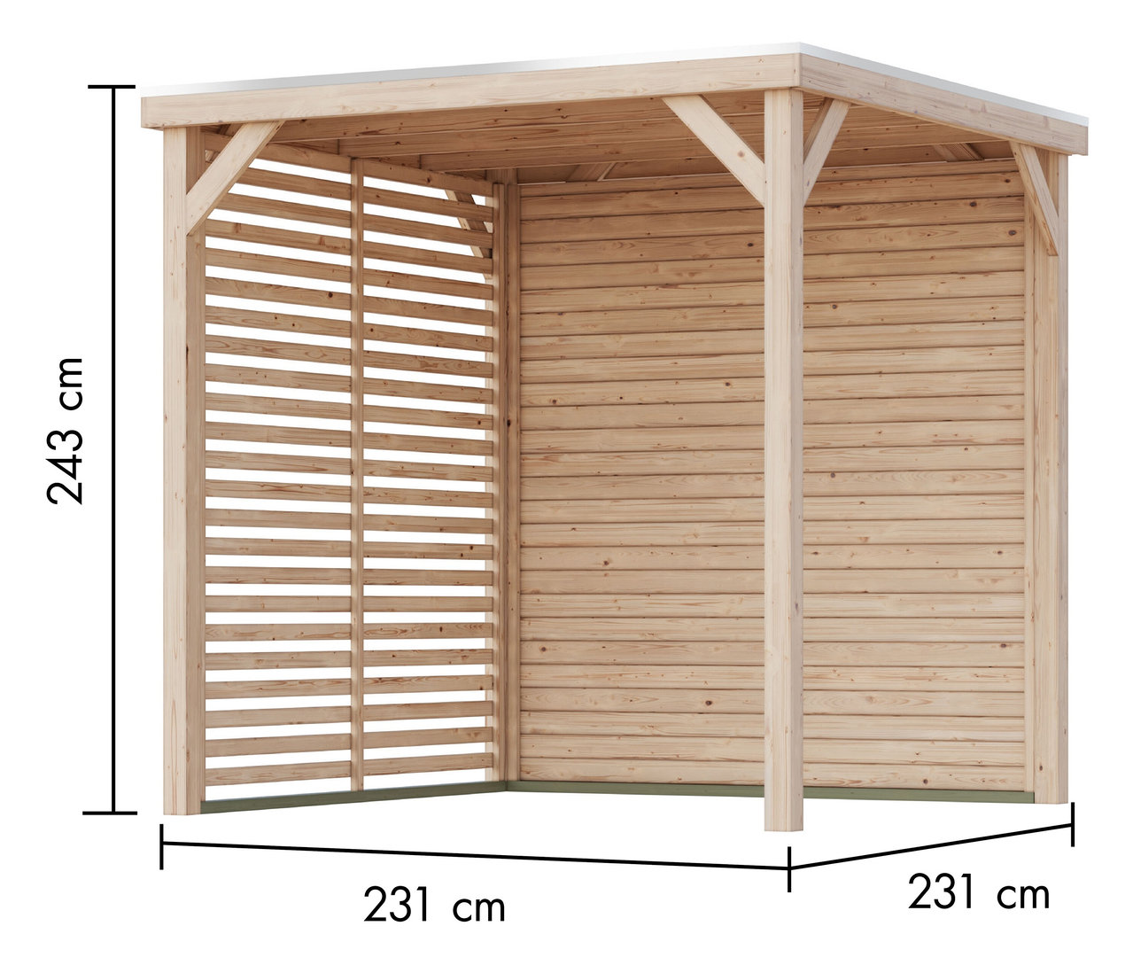 Holzpavillon mit den Maßen 243 cm Höhe und 231 cm Breite.