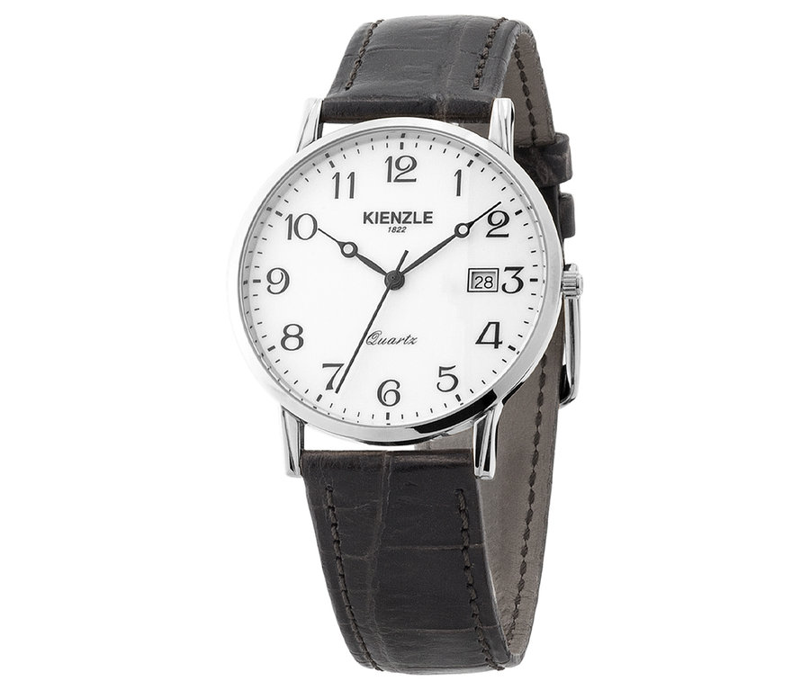 Nahaufnahme einer silberfarbenen Kienzle Uhr »Meister Klassik« mit schwarzem Lederarmband.