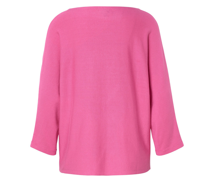 Rückansicht eines pinkfarbenen Pullovers mit langen Ärmeln.