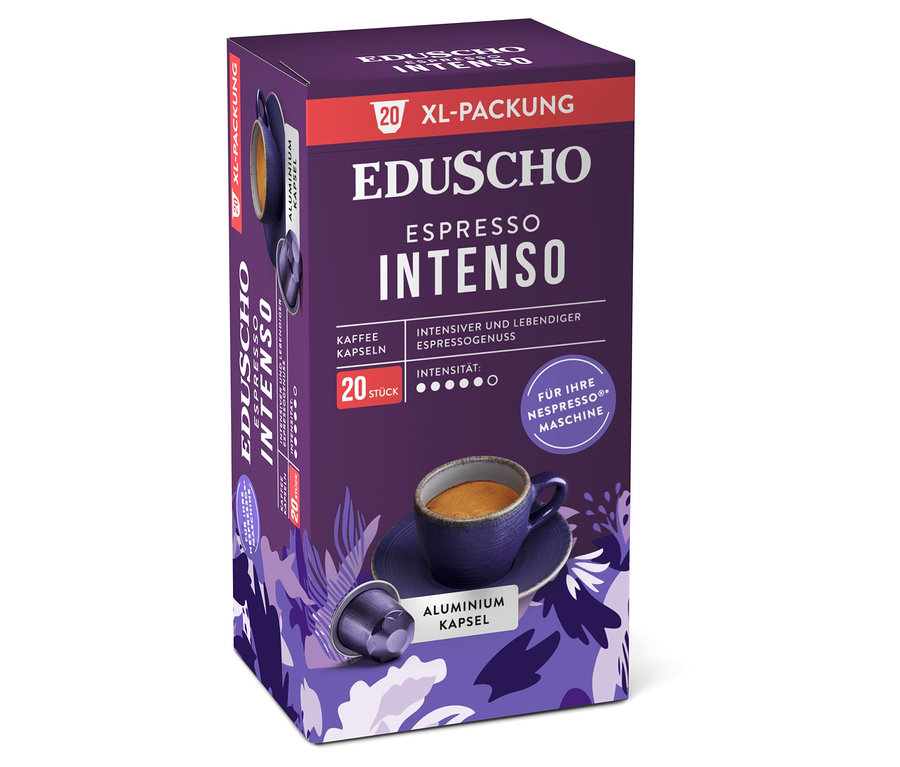 Eine Packung Eduscho Espresso Intenso Kaffeekapseln mit einer Tasse Kaffee und einer Kapsel.