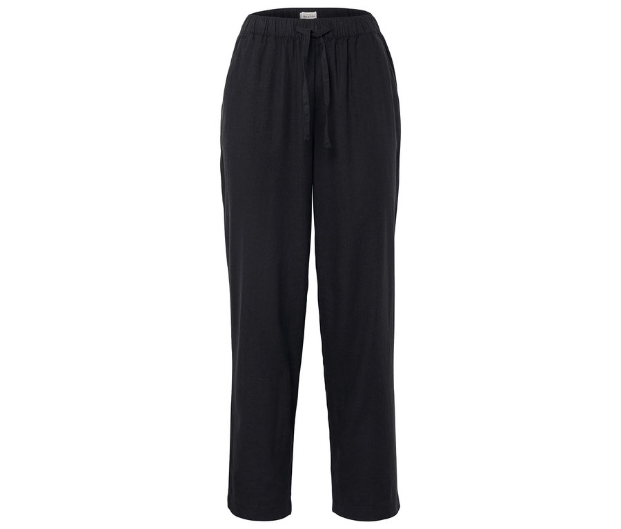 Schwarze, lange Stoffhose mit Kordelzug.