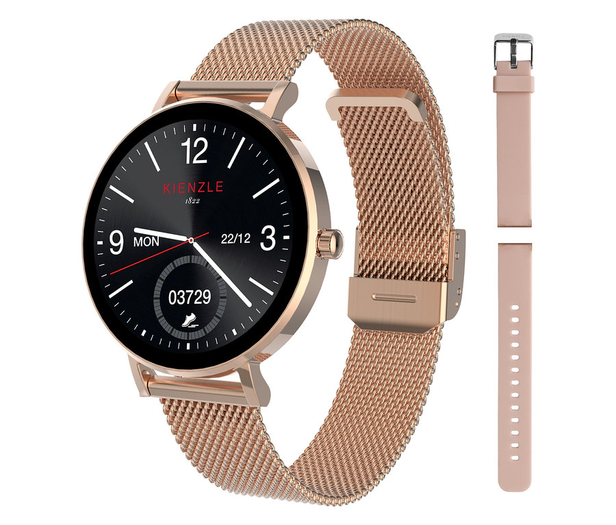 Nahaufnahme einer roségoldenen Smartwatch mit schwarzem Zifferblatt und zwei zusätzlichen Armbändern.
