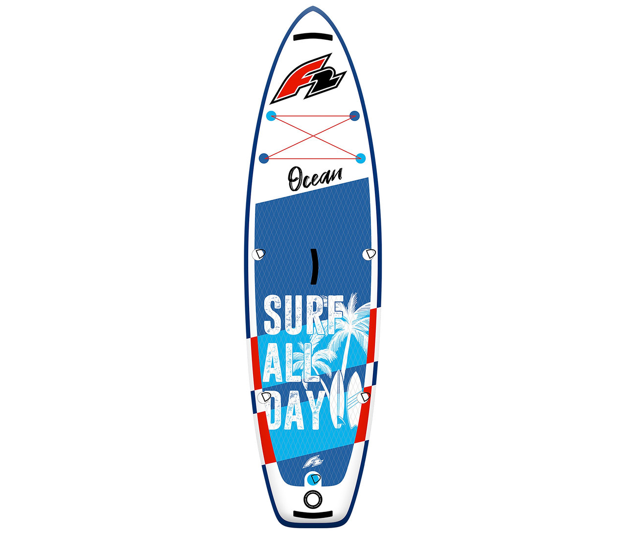 Das F2 SUP Board »Ocean Boy« ist weiß mit blauen, roten und schwarzen Akzenten und dem Schriftzug "Surf All Day".