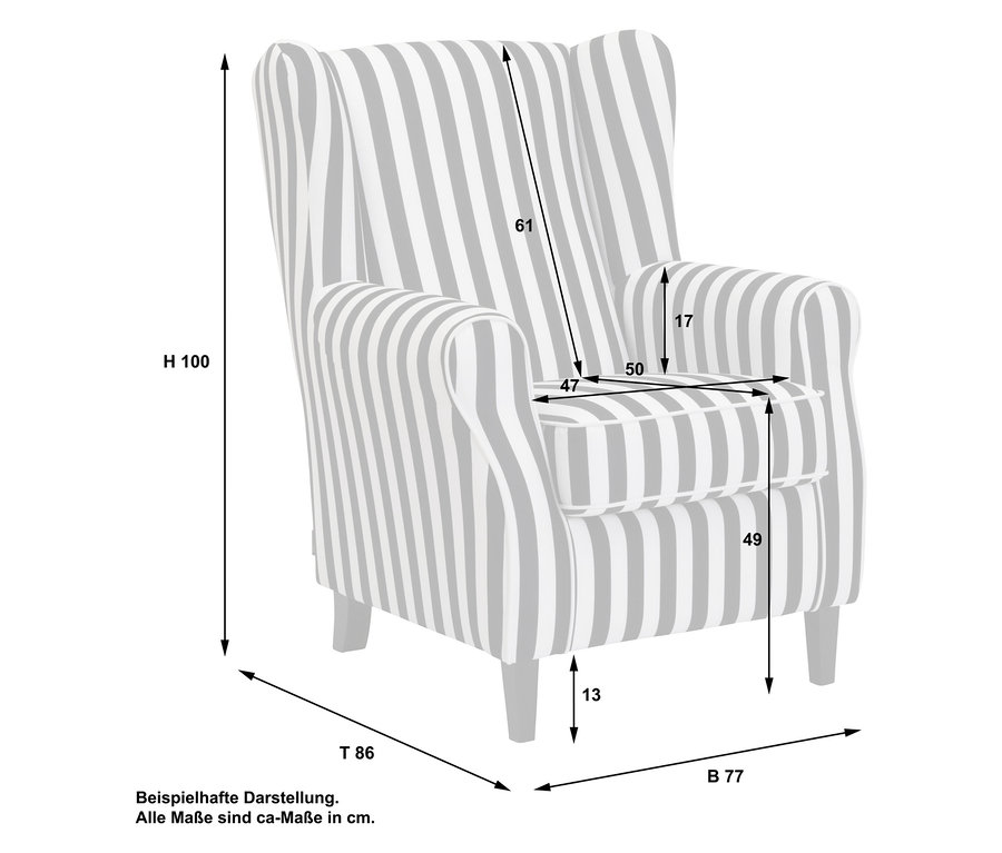 Skizze des Ohrensessels »Luke« mit Maßangaben zu Höhe, Breite und Tiefe in Zentimetern.
