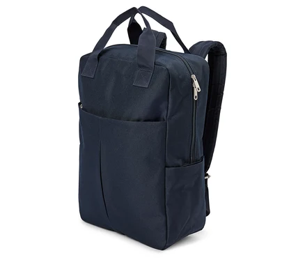 Marineblauer Rucksack mit Griffen und Reißverschlüssen.