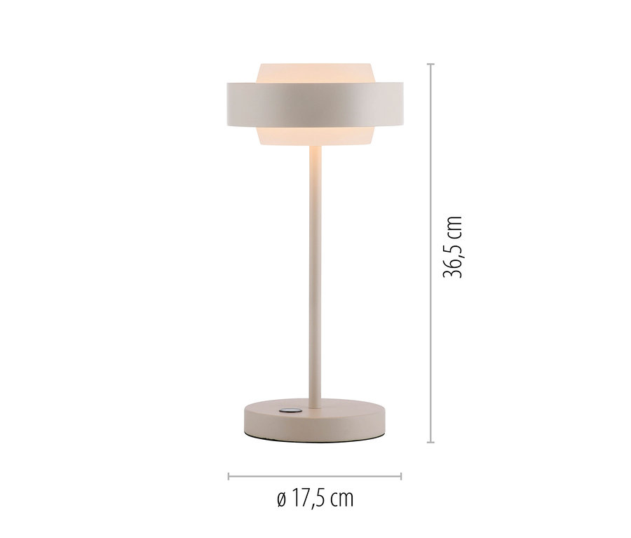 Helle Tischlampe mit rundem Fuß, schlankem Stiel und zweigeteiltem Schirm, 36,5 cm hoch, 17,5 cm Durchmesser.