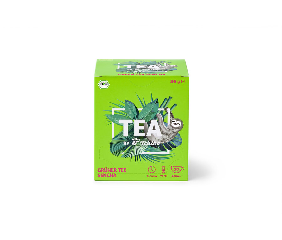 Packung TEA by Tchibo Bio Grüner Tee Sencha - 8x 20 Teebeutel mit Faultier.