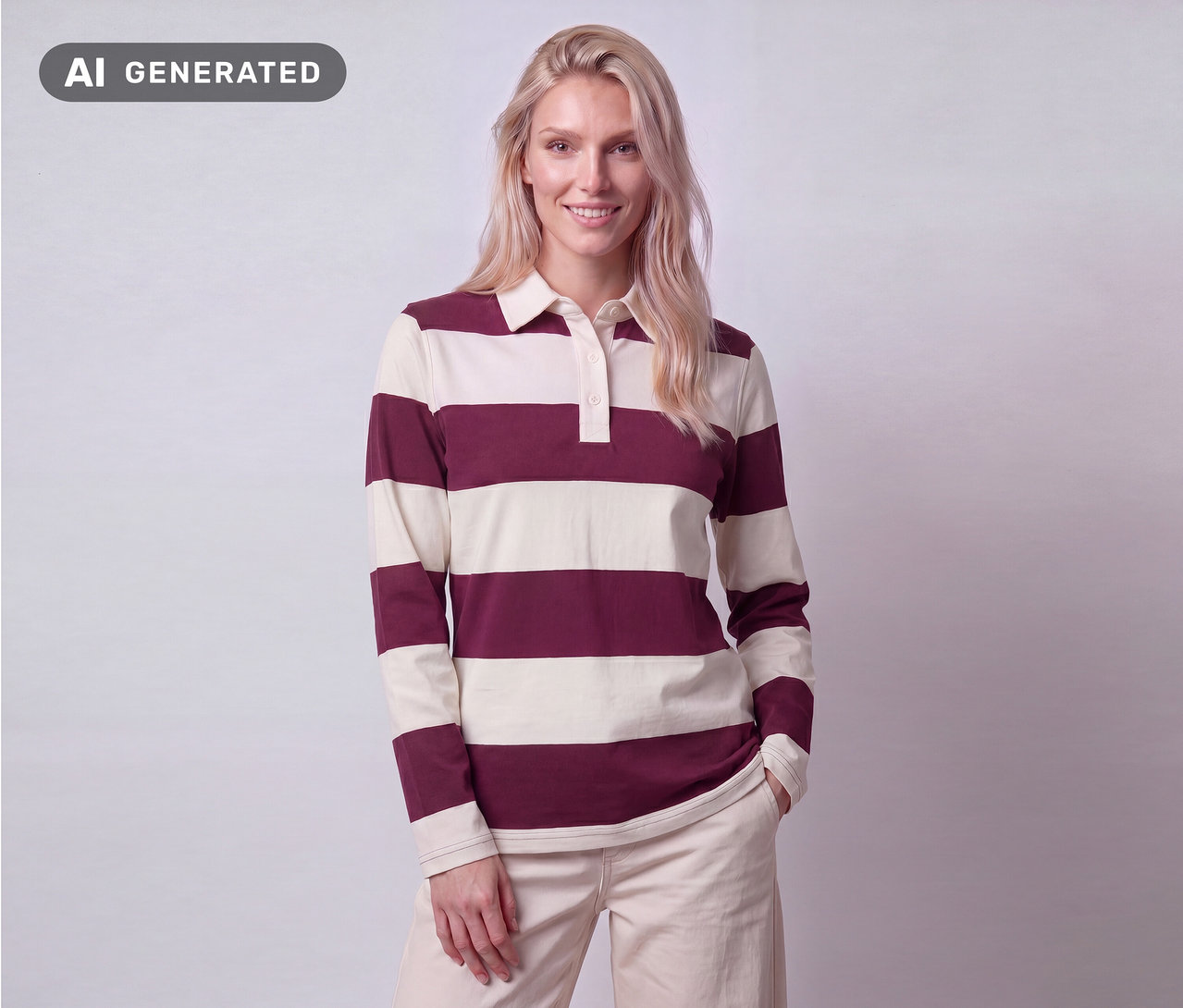 Lächelnde blonde Frau in einem weinrot-cremefarben gestreiften Rugby-Shirt und heller Hose, eine Hand in der Tasche.