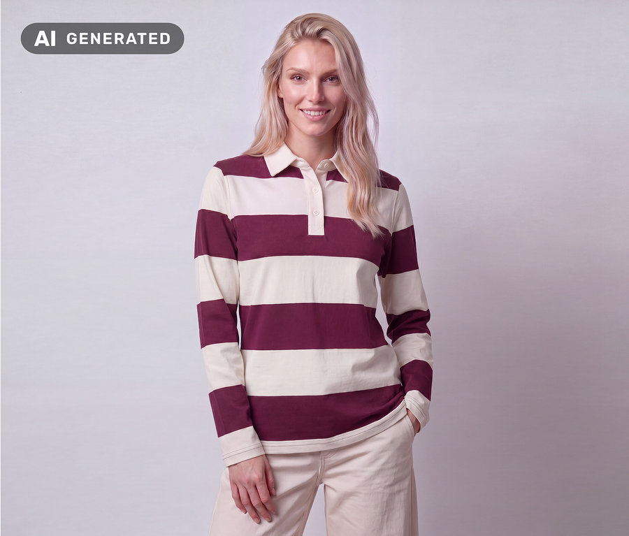 Blonde Frau trägt ein Rugby-Shirt in Bordeauxrot und Creme zu einer hellen Hose und lächelt.