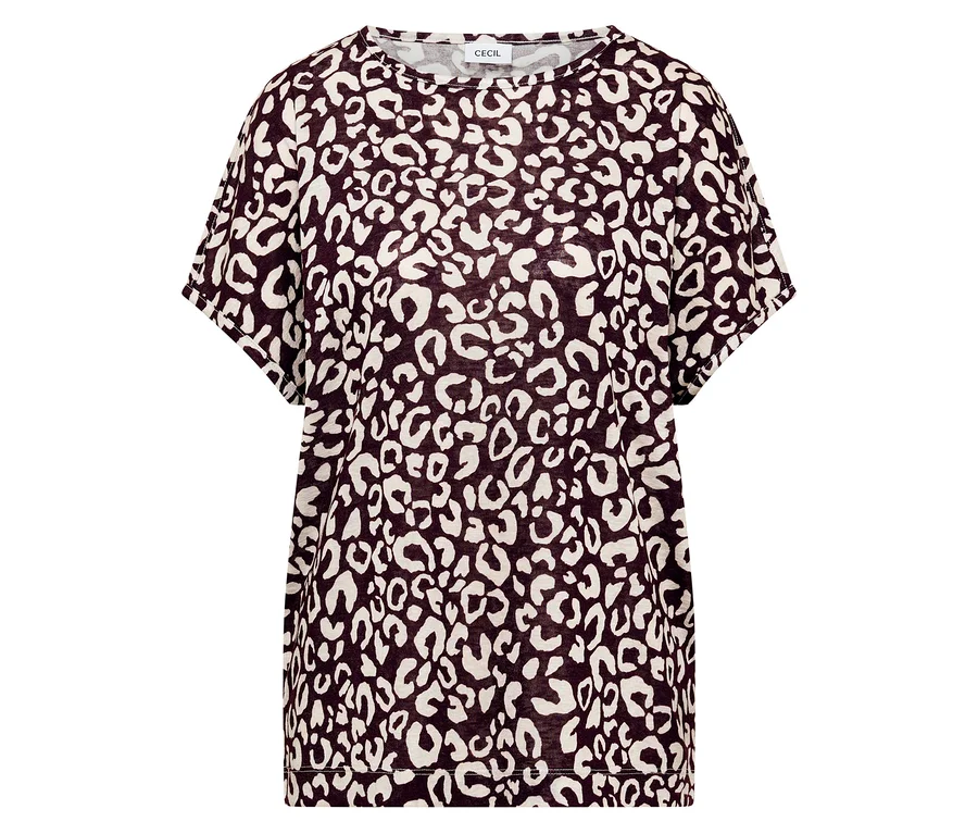 Burgunderrotes CECIL Kurzarmshirt mit hellem Leopardenmuster.