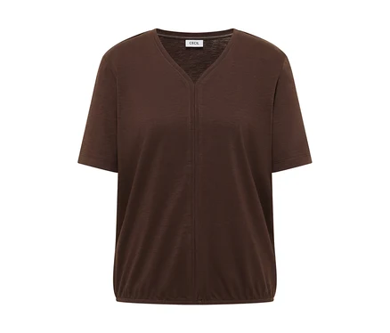 CECIL Tunika-Shirt in Braun mit V-Ausschnitt, kurzen Ärmeln und gerafftem Saum.