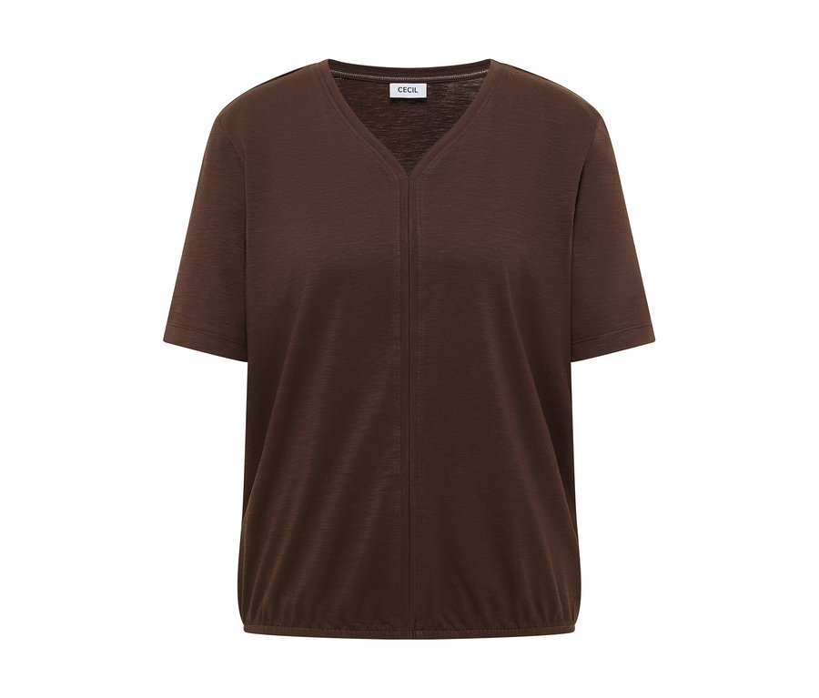 CECIL Tunika-Shirt in Braun mit V-Ausschnitt, kurzen Ärmeln und gerafftem Saum.