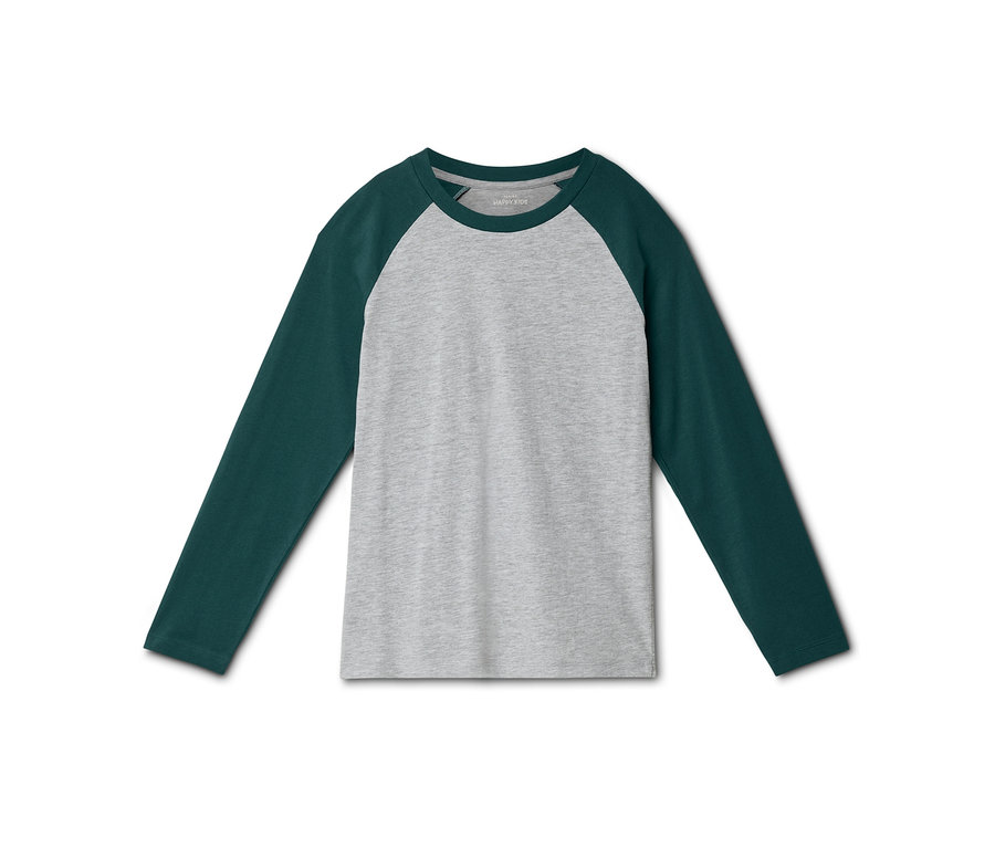 Ein graues Langarm-Raglan-T-Shirt mit dunkelgrünen Ärmeln und Kragen, flach auf weißem Hintergrund liegend.
