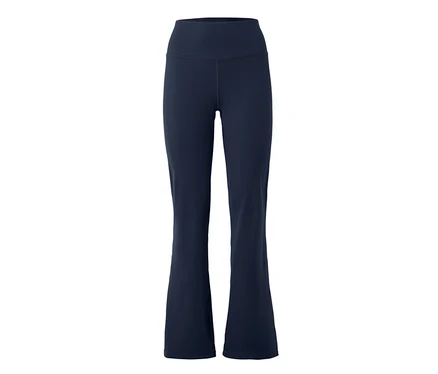 Marineblaue, ausgestellte Yogahose mit hohem Bund vor weißem Hintergrund.