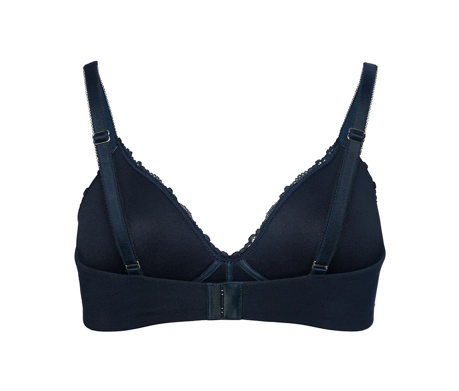 Detailansicht von der Rückseite eines blauen Softschalen-BHs.