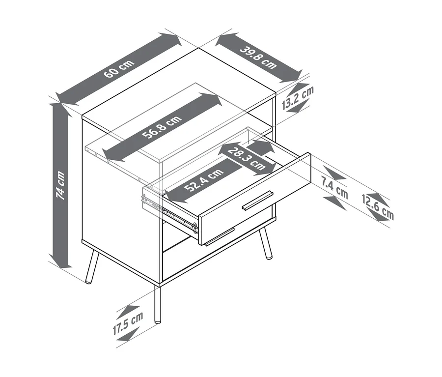 Strichzeichnung einer Kommode mit drei Schubladen, eine davon teilweise geöffnet, mit Maßen. Die Kommode ist 60 cm breit, 39,8 cm tief und 74 cm hoch. Die offene Schublade ist 52,4 cm breit und 28,3 cm tief.