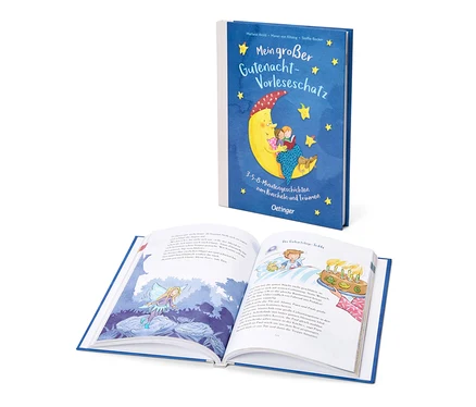 Ein stehendes Buch mit blauem Einband und dem Titel „Mein großer Gutenacht-Vorleseschatz“ steht hinter einem geöffneten Buch, das eine Fee im Wald und einen Jungen mit Geburtstagstorte zeigt.