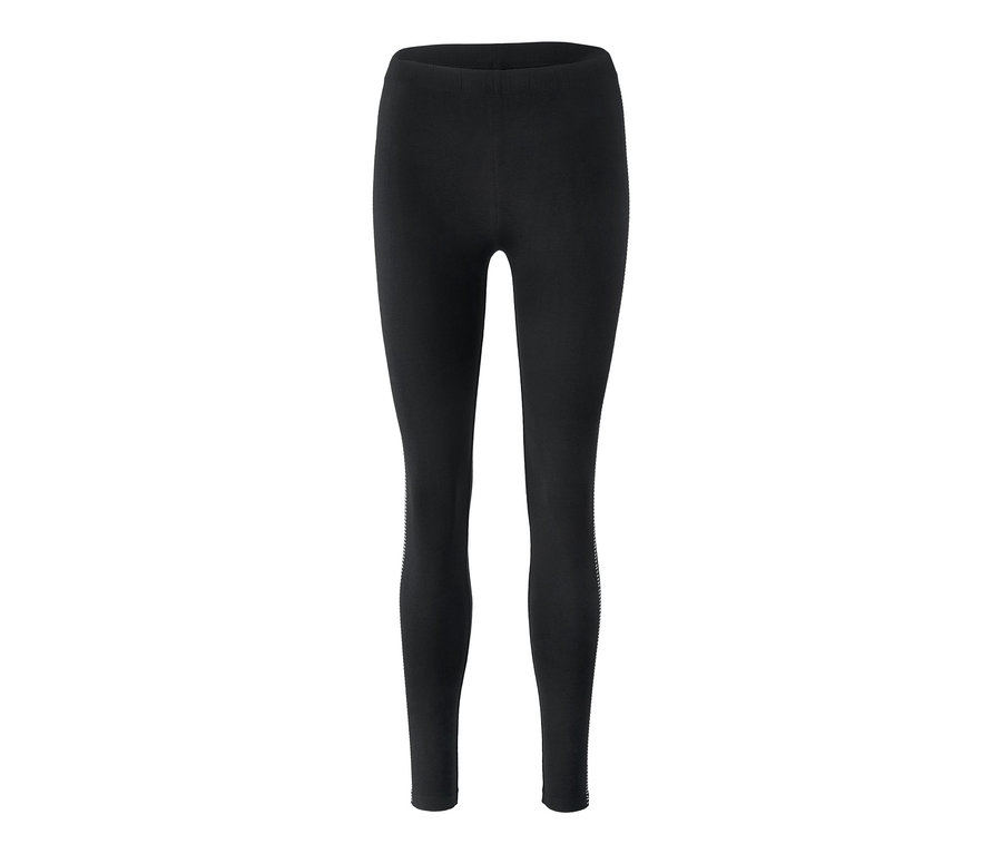 Schwarze Leggings mit dekorativem Detail an der Seite.