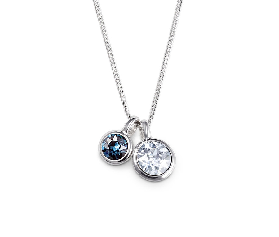 Silberkette verziert mit Swarovski® Kristallen mit zwei Anhängern, einer blau und einer klar.