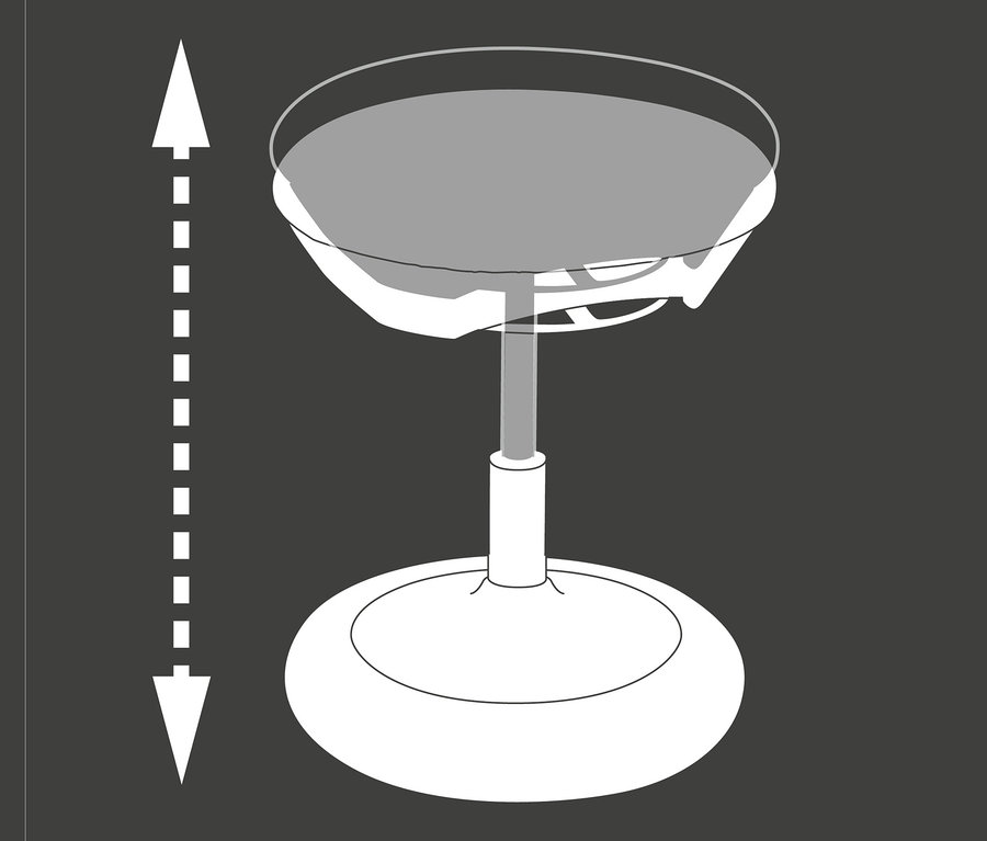 Illustration eines grauen und weißen Topstar-Rollhockers »BONANZA« mit einem Pfeil, der die verstellbare Höhe darstellt.