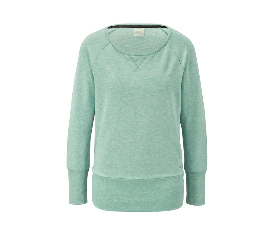 Ein hellgrünes Sweatshirt mit Fledermausärmeln.