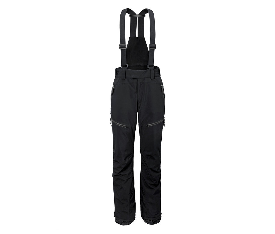 Eine schwarze Softshell-Skihose mit Hosenträgern.