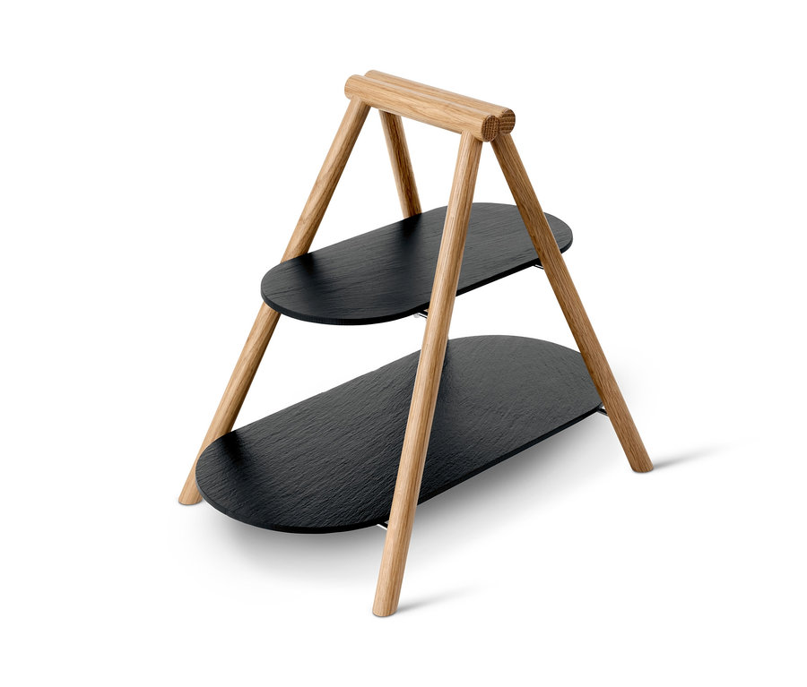 Eine zweistöckige Etagere mit Holzrahmen und zwei ovalen, schwarzen Platten.