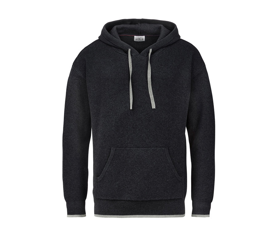 Dunkelgrauer Strick-Hoodie mit Kordelzug.