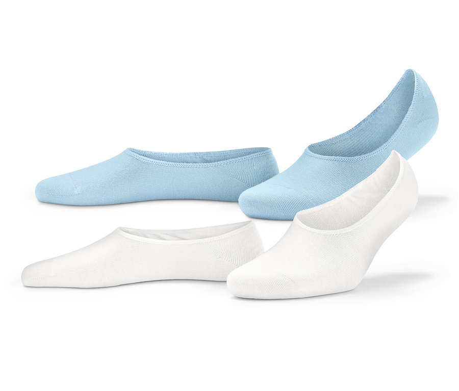 Zwei Paar Sneaker-Füßlinge, eins weiß und eins hellblau.