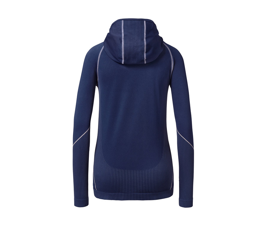 Rückansicht des Seamless-Funktionsshirts mit Kapuze in Dunkelblau.