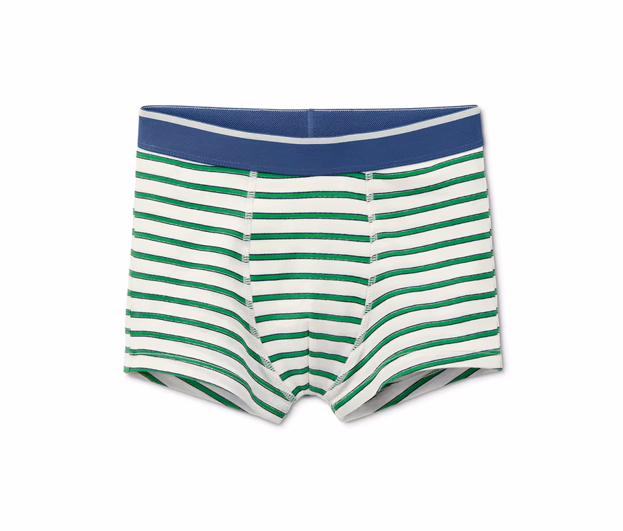 Eine einzelne Jungen-Slipboxer aus Bio-Baumwolle mit grün-weißen Streifen und blauem Bund.