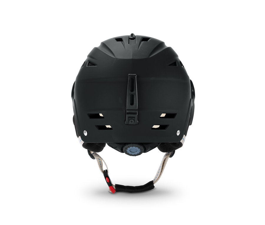 Detailansicht der Rückseite eines schwarzen Hardshell-Ski- und Snowboard-Helms mit Visier.