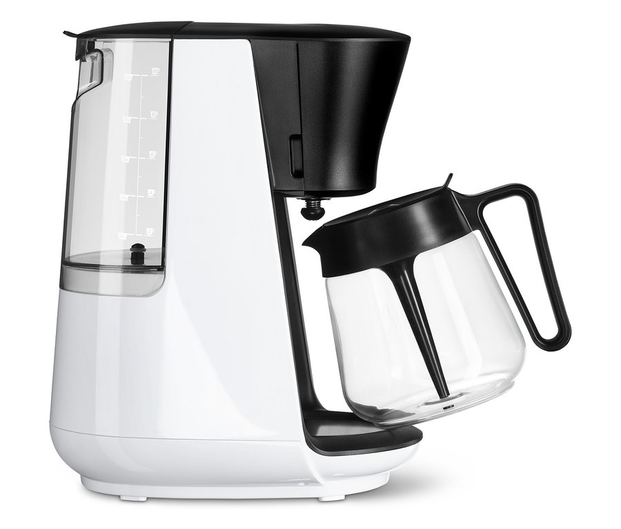 Weiße »Let's Brew« Filterkaffeemaschine mit abnehmbarer Glaskanne.
