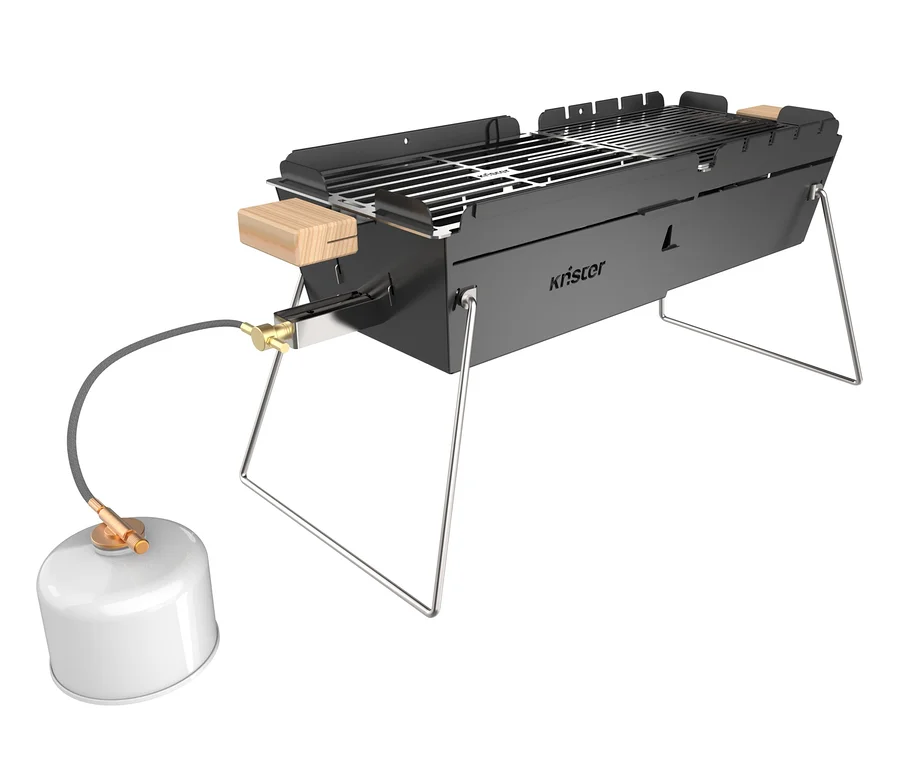 Ein schwarzer Knister Gasgrill mit silbernen Beinen und einer weißen Gasflasche.