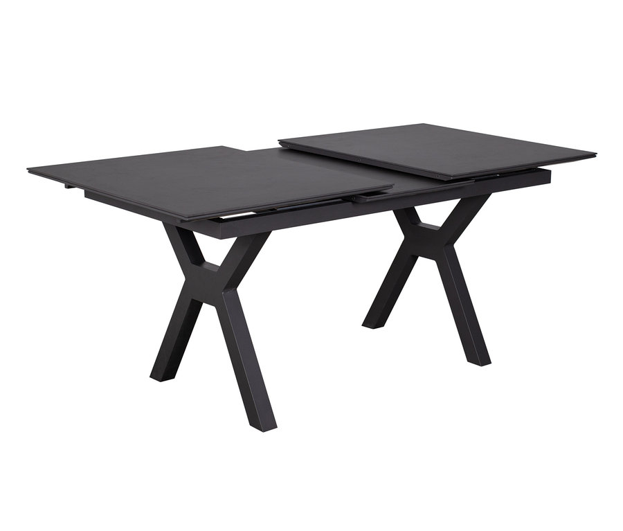 Grauer deVriesAlu Ausziehtisch, 160/210, mit Aluminiumgestell und Tischplatte.