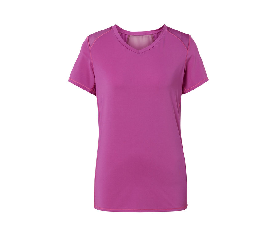 Violettes Sportshirt mit kurzen Ärmeln.