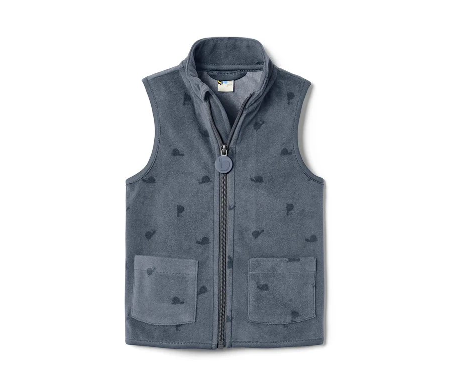 Blaue Kleinkinder-Fleeceweste mit Schnecken-Alloverprint und Reißverschluss.