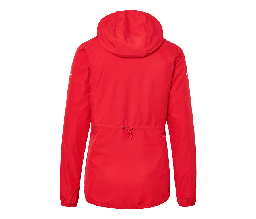 Rückansicht einer roten Lightweight-Laufjacke mit Kapuze.